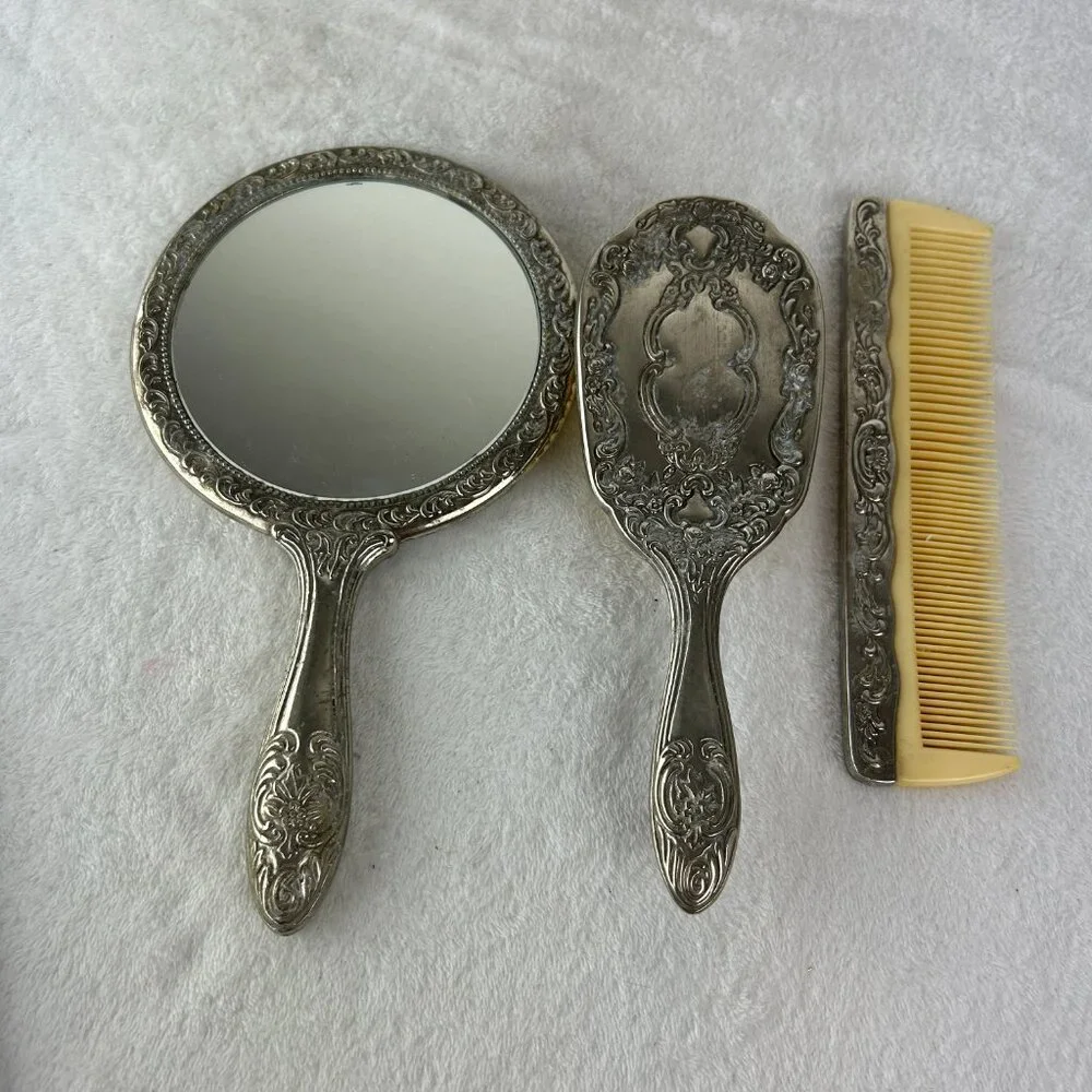 Vintage 3 piece Dresser Vanity Set Silver Plated Mirror, Brush and Comb (heavy)